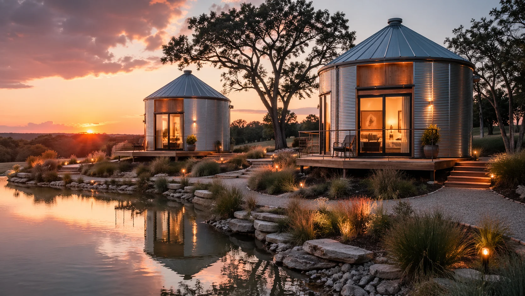 Still Haven exterior concept showing two silo suites near the water at sunset.